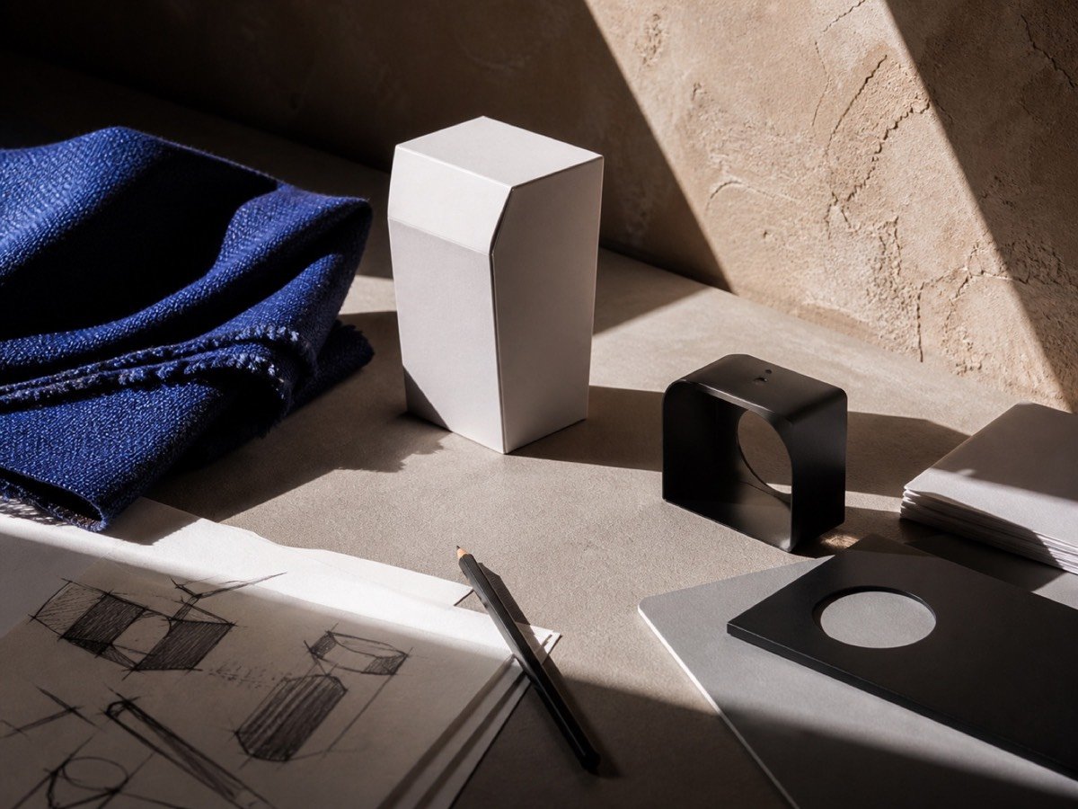 Cobalt textile, packaging, and product sketches in a sunlit studio