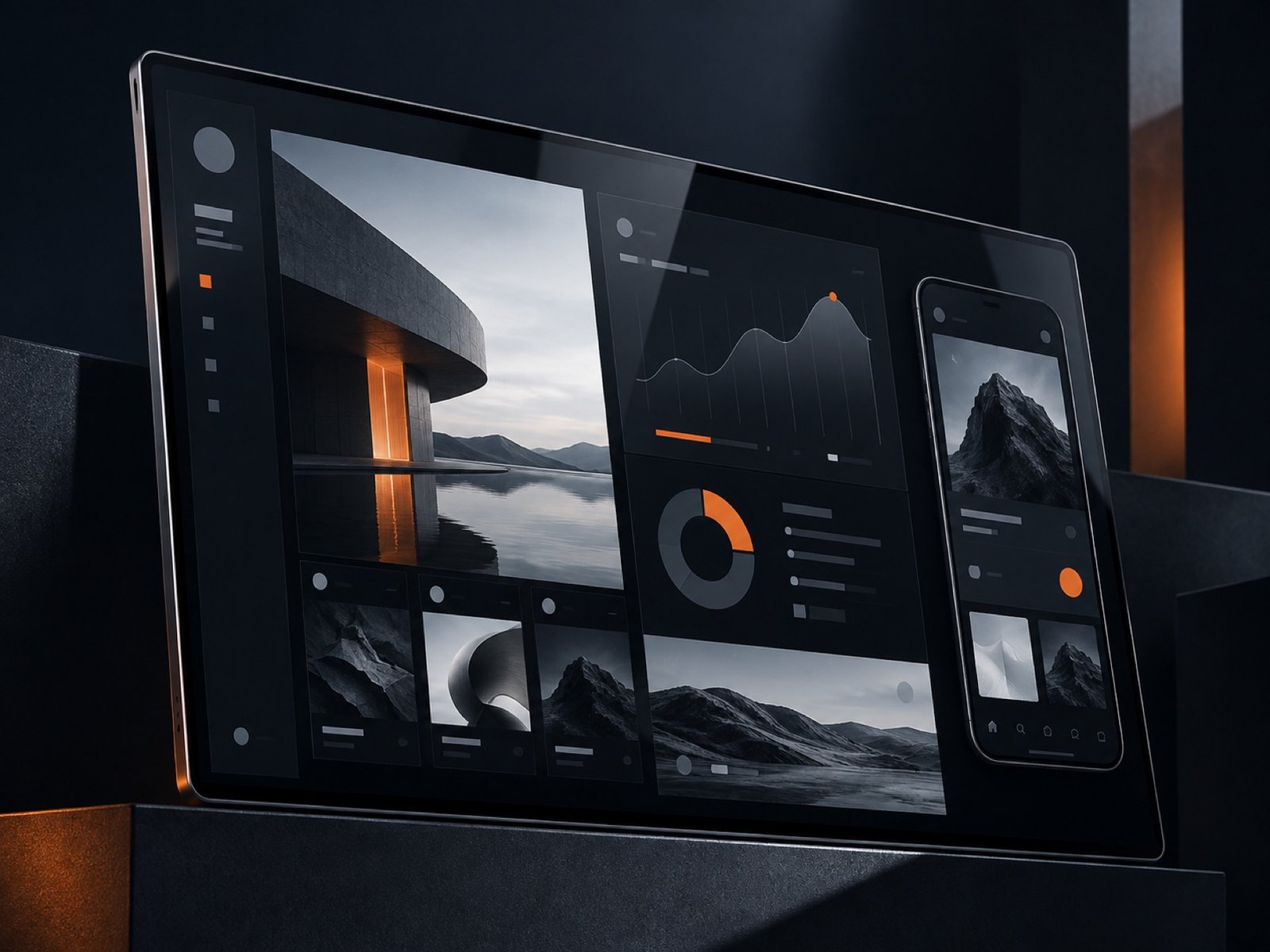 A refined product interface shown on black glass desktop and mobile devices
