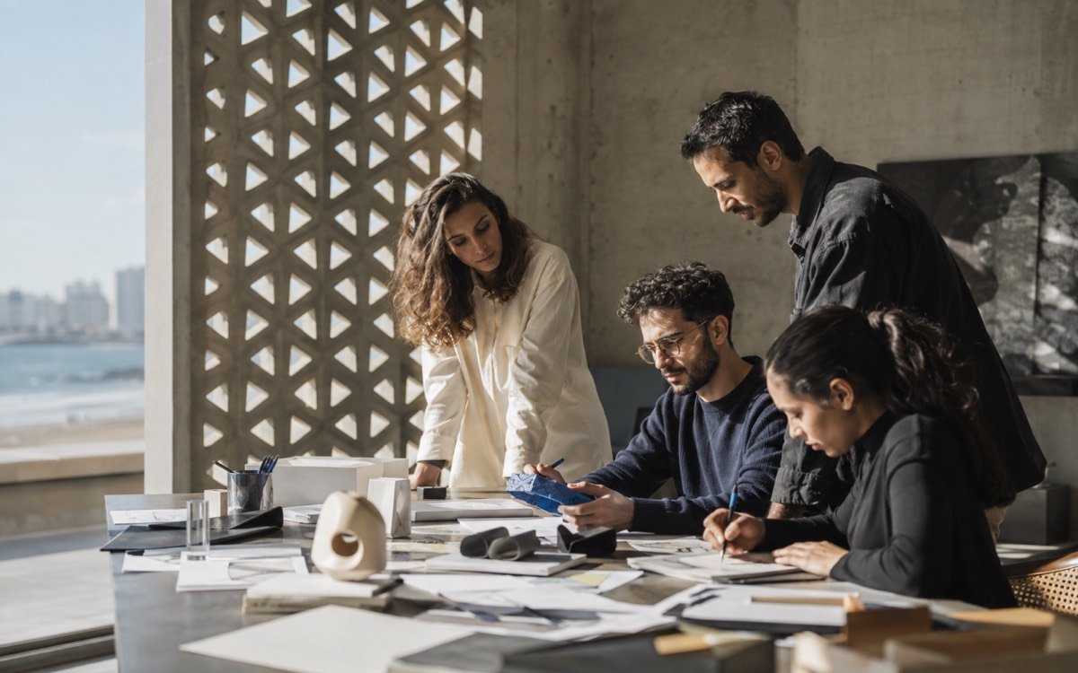 A creative and technical team collaborating in a contemporary Moroccan studio